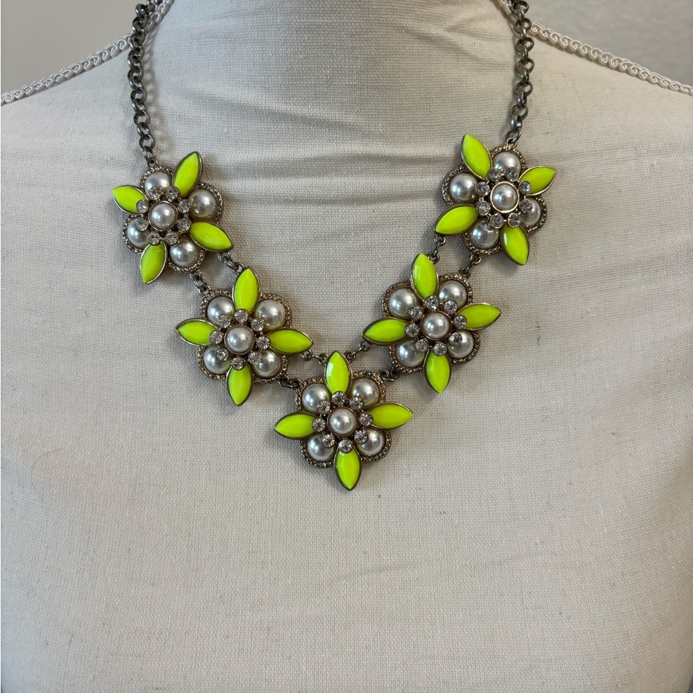 Floral Statement Necklace with Neon Yellow and Silver Accents